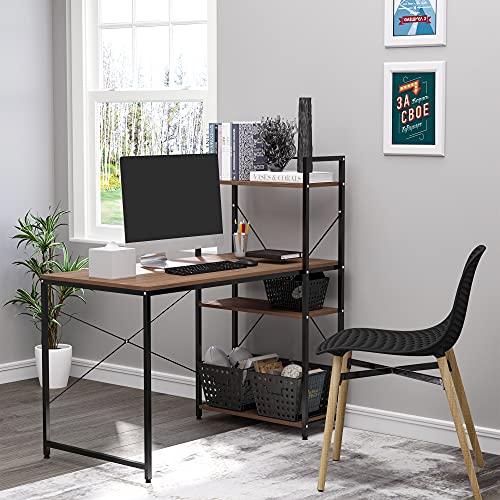 HOMCOM Computer Desk PC Table Study Workstation Home Office with 4 tier Bookshelf Storage Metal Frame Wooden Top Walnut Black 0 0