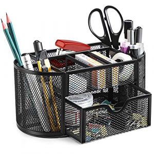 SITHON Mesh Desk Organiser Desktop Stationery Tidy Storage with Drawer Multifunctional Pencil Holder Home Office School Supplies Accessories Caddy Black 0