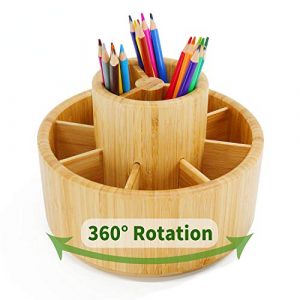 Utoplike Bamboo Rotating Pencil Holder Office Desk Art Supplies Organisers Wooden Desktop Pen Storage Box Colored Pencil Caddy 360 Degree Storage for Art Brushes Sticky Notes Paint 0
