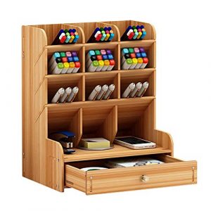 Wooden Desk Organiser Multi Functional Drawer Stationery Desktop Storage Box Desk Tidy Pen Holder for Home Office and School Cherry Color 0