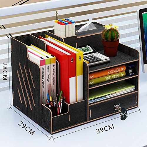 Wooden Desk Organizer Large Capacity DIY Office Supplies Storage Holder File Rack Paper Document Magazine Holder Sorter with Drawer Pen Holder Box Black 0 0