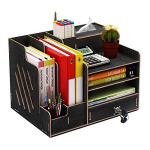 Wooden Desk Organizer Large Capacity DIY Office Supplies Storage Holder File Rack Paper Document Magazine Holder Sorter with Drawer Pen Holder Box Black 0