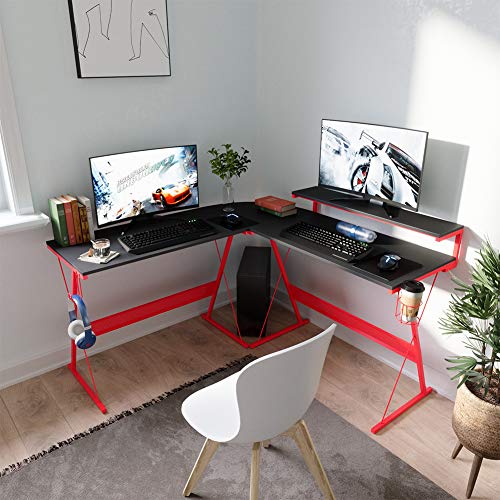 Bestier 51 L Shaped Gaming Desk Computer Desk wRGB Strip Ergonomic Stand Home Gaming Table Headset Hook Cup Holder Easy to Assembly Red 0 0
