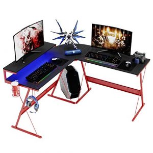 Bestier 51 L Shaped Gaming Desk Computer Desk wRGB Strip Ergonomic Stand Home Gaming Table Headset Hook Cup Holder Easy to Assembly Red 0