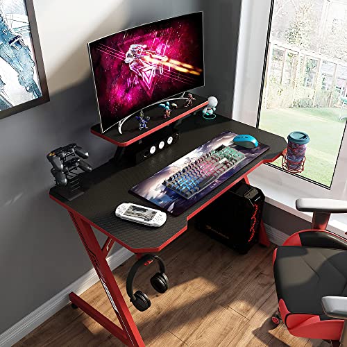 Intimate WM Heart Gaming Desk 110cm Large Ergonomic Gaming Computer Desk Carbon Fiber Table Top E Sports Desk with Adjustable Monitor Shelf Rotatable Earphone Cup Handle Holders Black and Red 0 1