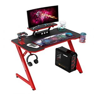 Intimate WM Heart Gaming Desk 110cm Large Ergonomic Gaming Computer Desk Carbon Fiber Table Top E Sports Desk with Adjustable Monitor Shelf Rotatable Earphone Cup Handle Holders Black and Red 0