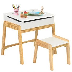 Maxmass Kids Wooden Table Chair Set Children Study Desk and Stool Set with Lift top Tabletop and Large Storage Drawer Toddler Play Table Set for Writing Reading Drawing White 0