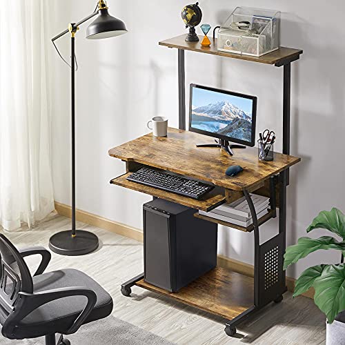 Yaheetech 3 Tier Computer Desk with Printer Shelf and Keyboard Tray Home Office Desk Computer Workstation Rolling Study Desk PC Laptop Table for Small Spaces Rustic Brown 0 0