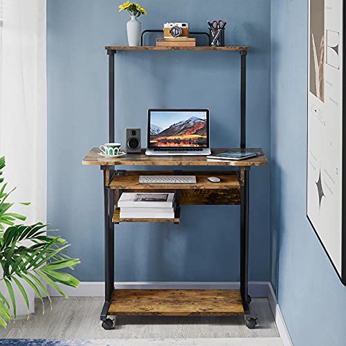 Yaheetech 3 Tier Computer Desk with Printer Shelf and Keyboard Tray Home Office Desk Computer Workstation Rolling Study Desk PC Laptop Table for Small Spaces Rustic Brown 0 1