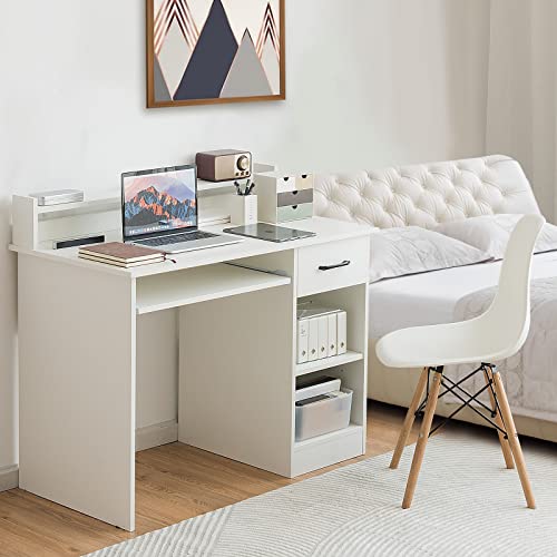 CASART Wooden Computer Desk Study Writing Desk with Adjustable Shelf Sliding Drawer Keyboard Tray Home Office Laptop Table Computer Gaming Workstation for Small Space White 0 0