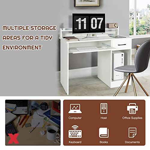 CASART Wooden Computer Desk Study Writing Desk with Adjustable Shelf Sliding Drawer Keyboard Tray Home Office Laptop Table Computer Gaming Workstation for Small Space White 0 1