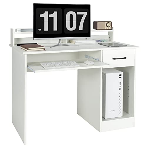 CASART Wooden Computer Desk Study Writing Desk with Adjustable Shelf Sliding Drawer Keyboard Tray Home Office Laptop Table Computer Gaming Workstation for Small Space White 0