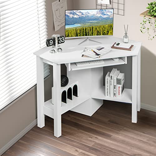 COSTWAY Corner Computer Desk Triangle Study Desk Writing Workstation with Keyboard Tray and 2 Open Storage Shelves Space Saving Wooden Gaming Laptop Table for Home Office Bedroom White 0 0
