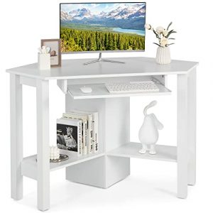 COSTWAY Corner Computer Desk Triangle Study Desk Writing Workstation with Keyboard Tray and 2 Open Storage Shelves Space Saving Wooden Gaming Laptop Table for Home Office Bedroom White 0