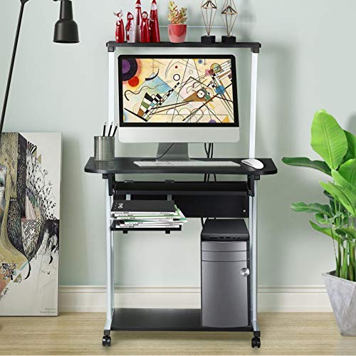 Yaheetech 2 Tier Rolling Computer Desk wKeyboard Tray and Printer Shelf Stand Study Table Corner Desk for Small Space Black 0 1