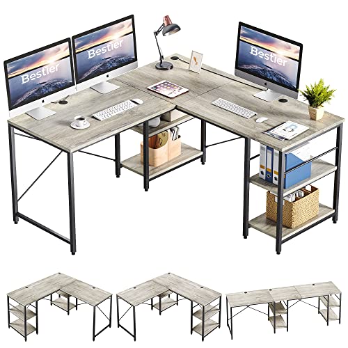 Bestier L Shaped Desk with Shelves Reversible Corner Desk 240CM Industrial Long Table Stable Desk L Shape Computer Workstation with 3 Cable Holes 0 2