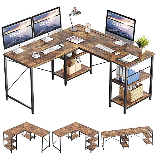 Bestier L Shaped Desk with Shelves Reversible Corner Desk 240CM Industrial Long Table Stable Desk L Shape Computer Workstation with 3 Cable Holes 0