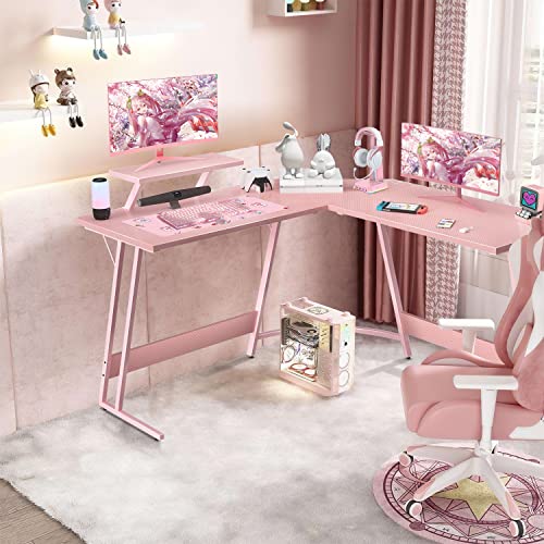 Devoko L Shaped Gaming Desk Corner Gaming Desk 128x128x70cm Corner Computer Desk Computer Gaming Desk Large PC Writing Table with Monitor Stand for Home and Office Carbon Fibre Pink 0 0