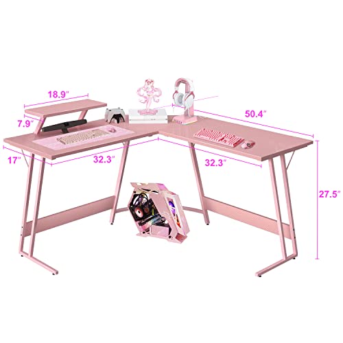 Devoko L Shaped Gaming Desk Corner Gaming Desk 128x128x70cm Corner Computer Desk Computer Gaming Desk Large PC Writing Table with Monitor Stand for Home and Office Carbon Fibre Pink 0 1