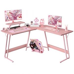 Devoko L Shaped Gaming Desk Corner Gaming Desk 128x128x70cm Corner Computer Desk Computer Gaming Desk Large PC Writing Table with Monitor Stand for Home and Office Carbon Fibre Pink 0