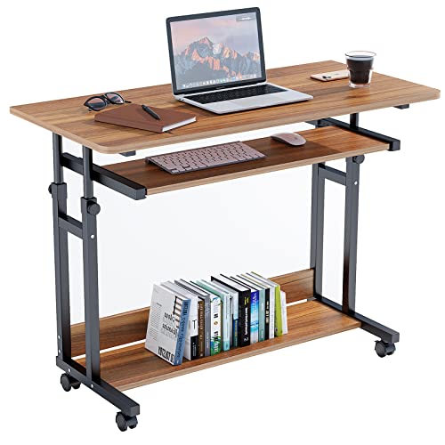 Dripex Computer Desk Mobile Portable Office Desk with Movable Wheels Height Adjustable Study Desk Home Office Desk with Keyboard Tray and Shelf for Small Spaces Walnut Brown 0