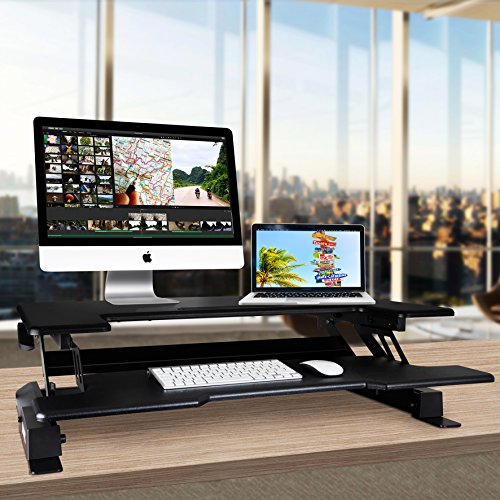 Duronic Sit Stand Desk DM05D1 BLACK Height Adjustable Office Workstation 92x56cm Platform Raises 165 415cm PC Computer Screen Keyboard Laptop Riser Ergonomic Desktop Table Converter 0 0