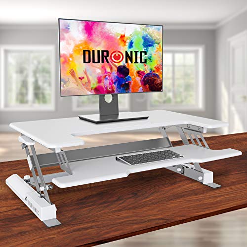 Duronic Sit Stand Desk DM05D1WE WHITE Height Adjustable Office Workstation 92x56cm Platform Raises 165 415cm PC Computer Screen Keyboard Laptop Riser Ergonomic Desktop Table Converter 0 0