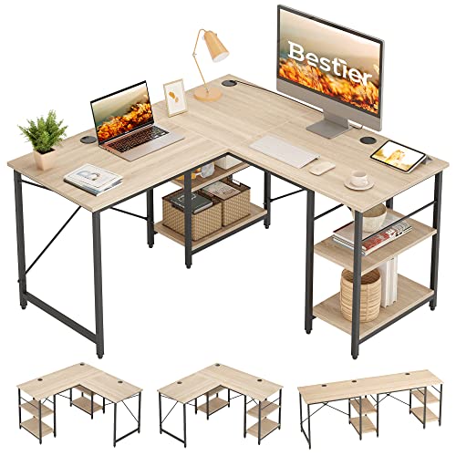 Bestier L Shaped Desk with Shelves Reversible Corner Desk 220CM Industrial Long Table Stable Desk L Shape Computer Workstation with 3 Cable Holes 0