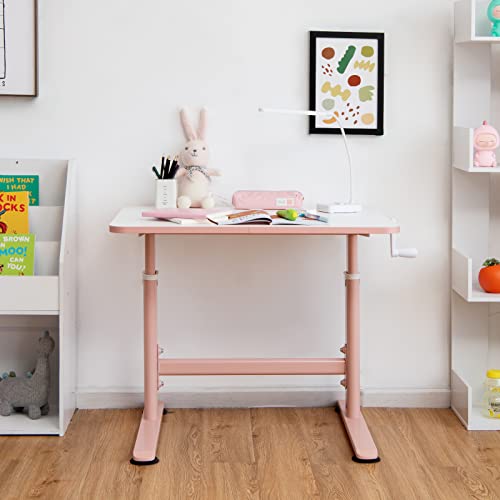 COSTWAY Kids Desk Height Adjustable Children Study Table with Hand Crank System and Ample Tabletop Ergonomic Student Desks for 3 10 Years Old Boys Girls 0 0