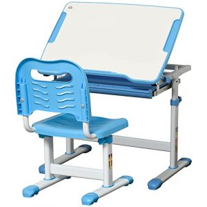 HOMCOM Kids Desk and Chair Set Height Adjustable Student Writing Desk Children School Study Table with Tiltable Desktop Drawer Pen Slot Hook Blue 0