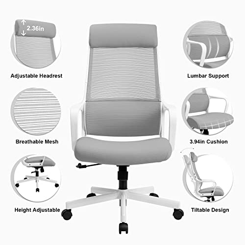 MELOKEA Ergonomic Office Chair Swivel Mesh Chair High Back Desk Chair with Elastic S shaped Lumbar Support Adjustable Height and Headrest Executive Computer Chair for Home and Work Grey 0 1