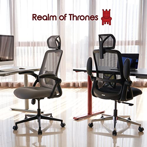 Realm of Thrones CAPTAIN Ergonomic Office Chair Mesh Back Heavy Duty Home Office Desk Chair with Flip up Armrests Saddle inspired Seat Cushion Adjustable Lumbar Back SupportHeadrest Black 0 0
