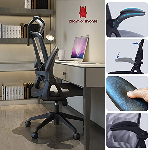 Realm of Thrones CAPTAIN Ergonomic Office Chair Mesh Back Heavy Duty Home Office Desk Chair with Flip up Armrests Saddle inspired Seat Cushion Adjustable Lumbar Back SupportHeadrest Black 0 1