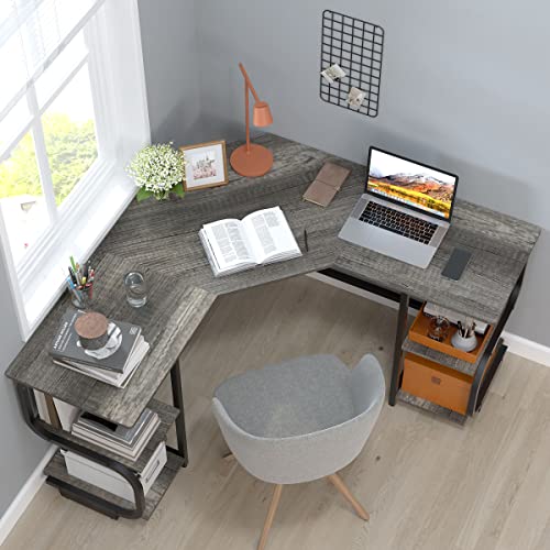 Ulifance L Shaped Computer Desk for Small Spaces with 4 Tires ShelvesGaming Corner Desk with Large Desktop for home office Sewing Table Study Writing Desk Black Oak 0 0