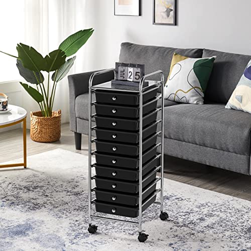 Yaheetech 10121520 Drawers Plastic Storage Cart Multipurpose Mobile Organizer Unit with 4 Lockable Wheels Utility Rolling Trolley for Home Office School Salon Beauty 10 Drawers Black 0 1
