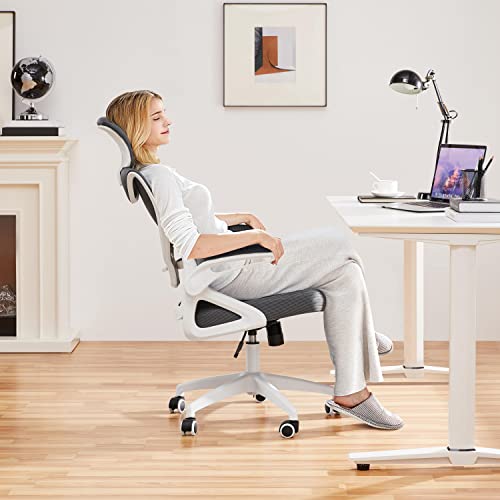 Yaheetech Computer Desk Chair Home Office Chair Ergonomic Swivel Chair with Arms and Height Adjustable Back Support for Home Study or Manager Work WhiteGrey 0 0